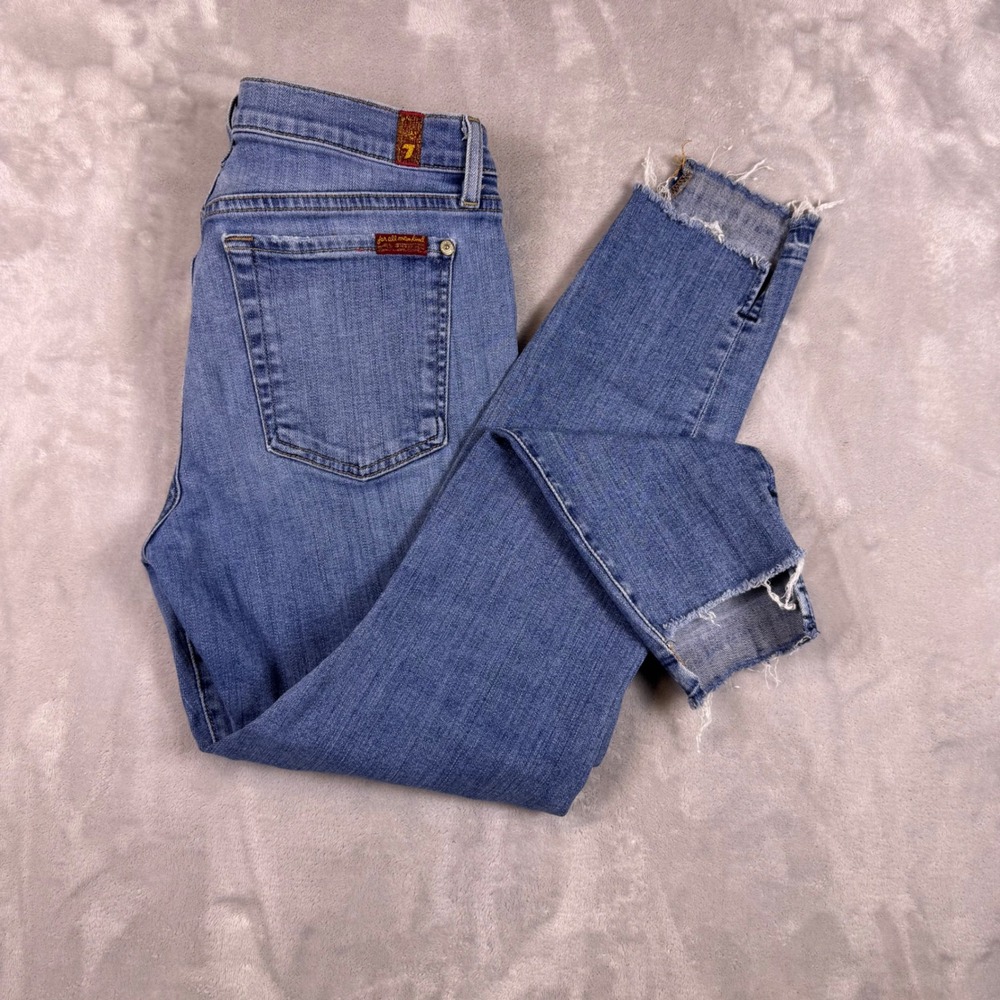 7 For All Mankind The Ankle Skinny Jeans Womens Size 31 Medium Wash Raw Step Hem